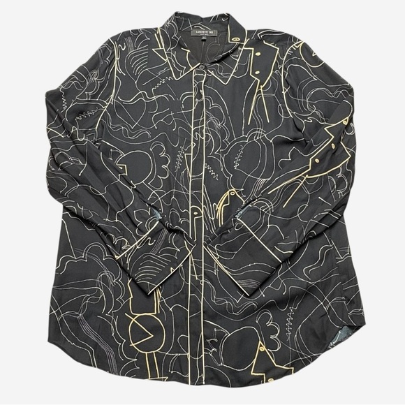 Lafayette 148 Long Sleeve Hidden Button Down Printed Blouse Size L Black Viscose - Picture 3 of 7